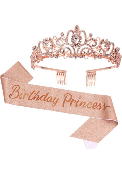Doğum Günü Kız Tiara Taç Prenses Taç Kadınlar Için Doğum Günü Kümesi Mutlu Yıllar Partisi Malzemeleri Gül Altın (Yurt Dışından)