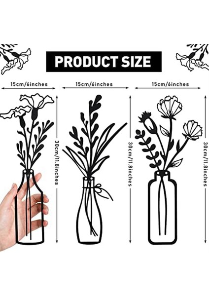 3 Adet Metal Vazo Çiçekler Duvar Sanatları Minimalist Bitki Duvar Dekor, Metal Duvar Sanat Siyah Çiçek Doğal Duvar Dekorları (Yurt Dışından) modelleri
