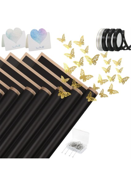 4 Rulo ile 40 Yaprak Çiçek Sarma Kağıdı Çiçek Kurdeleleri, 20 Kart, 36 Adet 3D Altın Kelebek, Siyah (Yurt Dışından)
