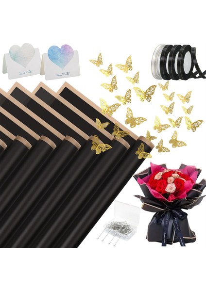 4 Rulo ile 40 Yaprak Çiçek Sarma Kağıdı Çiçek Kurdeleleri, 20 Kart, 36 Adet 3D Altın Kelebek, Siyah (Yurt Dışından) fiyatları