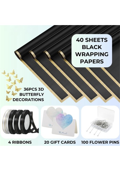 4 Rulo ile 40 Yaprak Çiçek Sarma Kağıdı Çiçek Kurdeleleri, 20 Kart, 36 Adet 3D Altın Kelebek, Siyah (Yurt Dışından) modelleri
