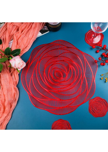 6pcs Kırmızı Placemats ve Bardak Altlıkları Preslenmiş Vinil 15 Inç Gül Yuvarlak Yer Paspasları Yemek Masası Paspaslar Yemek Masası Merkez Parçası (Yurt Dışından) fırsatları