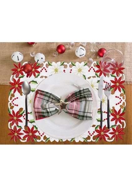 Placemats Seti 6 Işlemeli Noel Poinsettia &amp; Holly Design, 11X17 Inç Noel Masa Dekoru (Yurt Dışından) modelleri