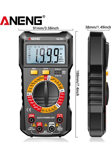 Aneng SZ305 1999 Multimetre Kondansatör Test Edicileri Sayısı Akıllı Voltmetre Ac/dc Voltaj Akım Direnci Ohm Test Araçları Siyah (Yurt Dışından) modelleri