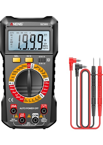 Aneng SZ305 1999 Multimetre Kondansatör Test Edicileri Sayısı Akıllı Voltmetre Ac/dc Voltaj Akım Direnci Ohm Test Araçları Siyah (Yurt Dışından) indirimleri