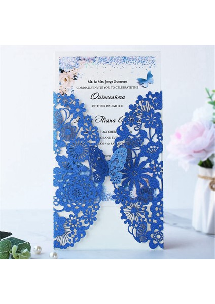 20 Set Kelebek Davet Kartları Dantel Düğün Davetiyeleri Zarflarla (Mavi Glitter) (Yurt Dışından) indirimleri