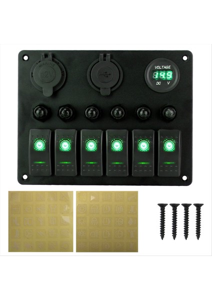 Evrensel Araba Rv 6 Anahtar Paneli 12/24V Rocker Panel Voltmetre USB Şarj Cihazı Devre Kesici Test Cihazı Işık Alanı A (Yurt Dışından)