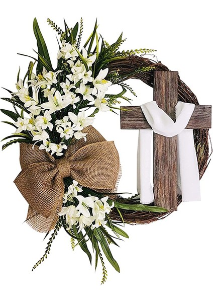 Paskalya Çelenk Kapısı Haç ile Dekorasyon, Ön Kapı Dekoru Için Buket Çelenk, Simülasyon Bitki Çiçeği, Bir (Yurt Dışından)