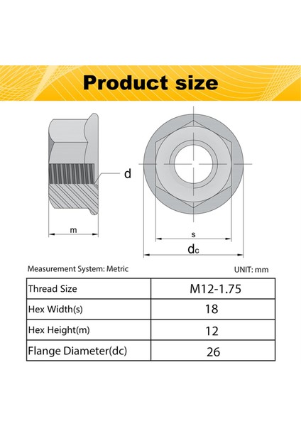 12 Paket M 12 Tırtıklı Flanş Altıgen Somun, M12-1.75MM Altıgagon Flanş Fındık, Dıy Ev Mekanizması Için Kilitli Somun (Yurt Dışından) fiyatları