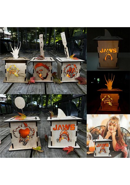 El Yapımı Cadılar Bayramı Fener Dekorasyonları, LED Mum ile Ahşap Korku Fener Lambası, Komik Dekoratif Işıklar F Style (Yurt Dışından) fırsatları