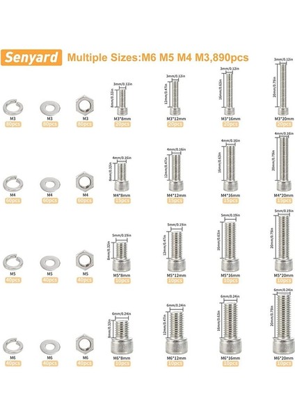 890PCS M3-M6 Vida Çeşitleri, Cıvatalar ve Fındık Kiti, Soket Baş Kapak Vidaları Altıgen Kafa Vidaları Çeşitlilik Seti (Yurt Dışından) fiyatları