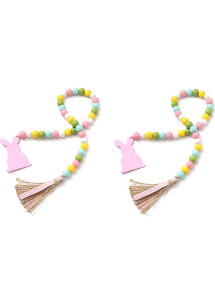 Paskalya Ahşap Boncuk Çelenk, Pembe Tavşan Bahar Ahşap Boncuklar Tassel, Ahşap Boncuklu Paskalya Boho Dekor (Yurt Dışından)