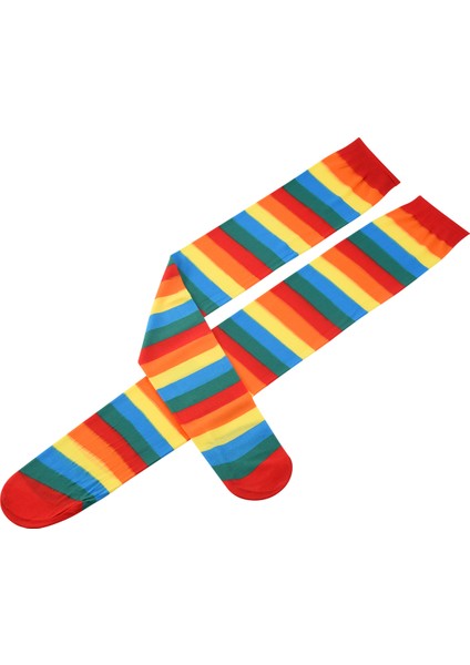 Cadılar Bayramı Cosplay Partileri Için Diz Palyaço Çizgili Kostüm Yüksek Çorapları Üzerinde Renkli Gökkuşağı Çizgili Çoraplar (Yurt Dışından) fiyatları