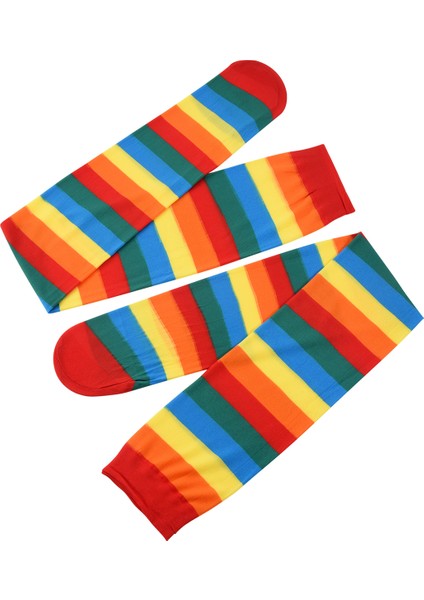 Cadılar Bayramı Cosplay Partileri Için Diz Palyaço Çizgili Kostüm Yüksek Çorapları Üzerinde Renkli Gökkuşağı Çizgili Çoraplar (Yurt Dışından) modelleri