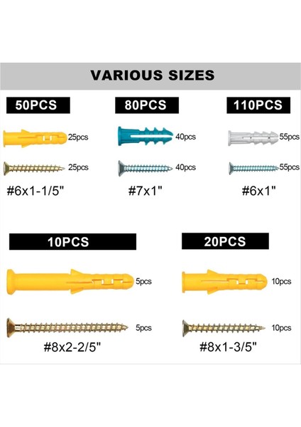 270PCS Alçıpan Ankrajları ve Vidalar Çiftlik Kiti, 135 Plastik Duvar Ankrajı ve Organizatör Kutusu ile 135 Vida (Yurt Dışından) fiyatları