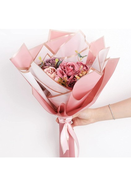 60 Çiçek Sarma Kağıdı Pembe Beyaz Su Geçirmez Çiçek Buket Altın Sınırlı Buket Kağıdı (Yurt Dışından) indirimleri