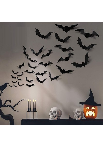Bat Cadılar Bayramı Dekorasyonu 3D Etiket Konut Dekorasyonu 120 Yarasa ve 24 Örümcek Köpük Bandı Var (Yurt Dışından) fırsatları