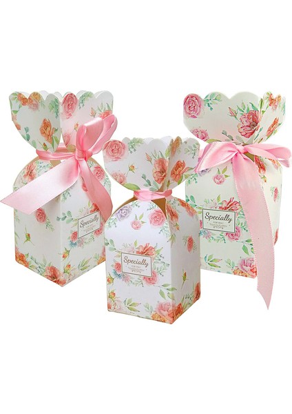 50 Adet Çiçek Desen Şeker Kutuları Düğün Gelin Duş Bebek Doğum Günü Partisi Iyilik Hediye Kutusu 50PCS ile Açık Pembe Kurdele (Yurt Dışından)
