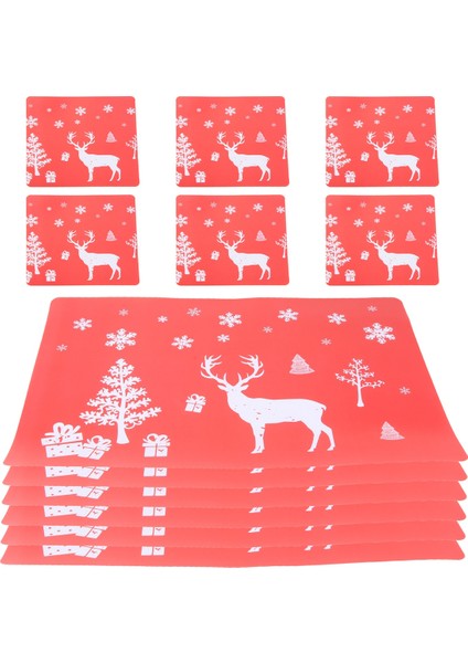 Noel Placemat Yıkanabilir Masa Yer Paspas Setleri 6 Placemat &amp; 6 Bardak Paspas, Geyik, Noel Ağacı, Kar Tanesi Basılı (Kırmızı) (Yurt Dışından)