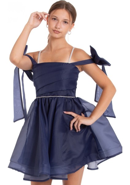 Kız Çocuk Omuz Fiyonklu Lacivert Mezuniyet ve Özel Gün Saten Kısa Abiye Elbise fiyatları