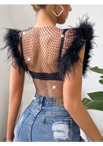Crop Elbise Tüylü Taş Işlemeli Tüy Detaylı Transparan Mesh Üst – Parti & Gece Kombini modelleri
