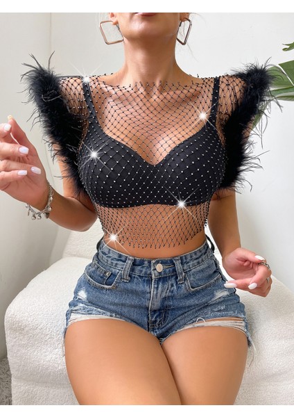 Crop Elbise Tüylü Taş Işlemeli Tüy Detaylı Transparan Mesh Üst – Parti & Gece Kombini indirimleri