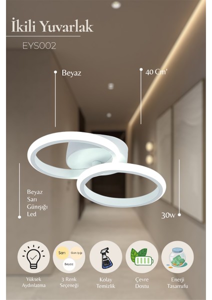 Modern İkili Yuvarlak Model Tek Renk Sarı LED Avize Antre Hol Koridor fiyatları