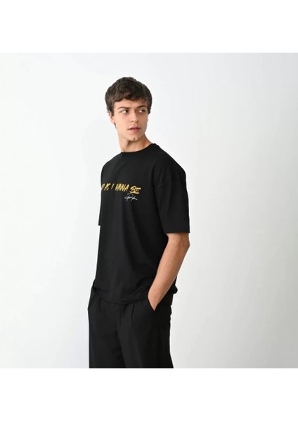 Unisex Bisiklet Yaka Baskılı Oversize T-Shirt - Siyah modelleri