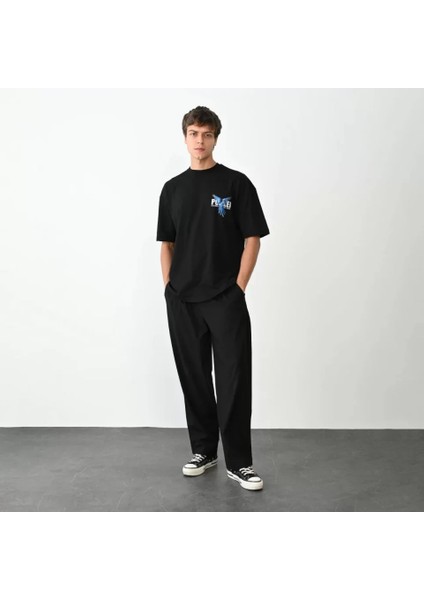 Unisex Bisiklet Yaka Baskılı Oversize T-Shirt - Siyah fırsatları