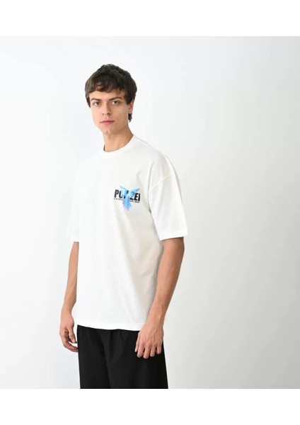 Unisex Bisiklet Yaka Baskılı Oversize T-Shirt - Beyaz modelleri