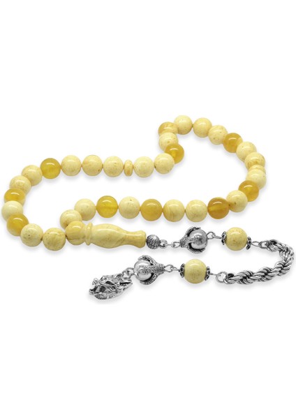 Premium Kutulu 925 Ayar Gümüş Bozkurt Püsküllü King Seccer Beyaz Sarı Hareli Damla Kehribar Tesbih fiyatları