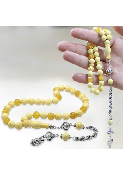 Premium Kutulu 925 Ayar Gümüş Bozkurt Püsküllü King Seccer Beyaz Sarı Hareli Damla Kehribar Tesbih fırsatları