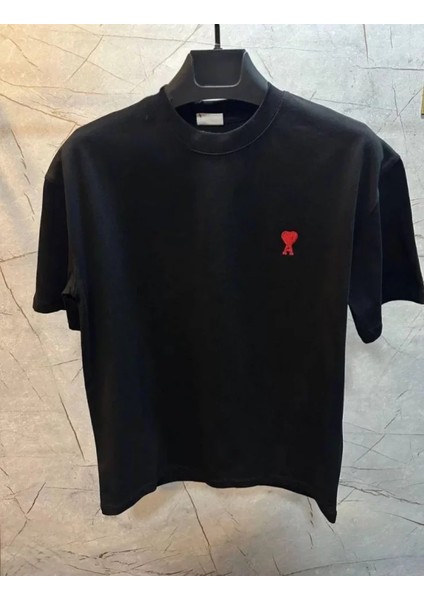 Unisex Bisiklet Yaka Baskılı Oversize T-Shirt - Siyah modelleri