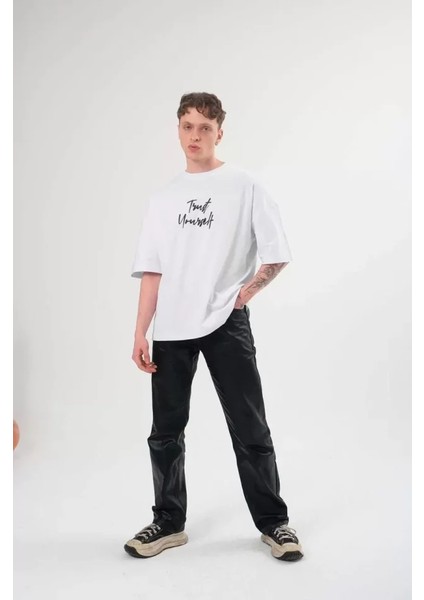 Unisex Bisiklet Yaka Baskılı Oversize T-Shirt - Beyaz fiyatları