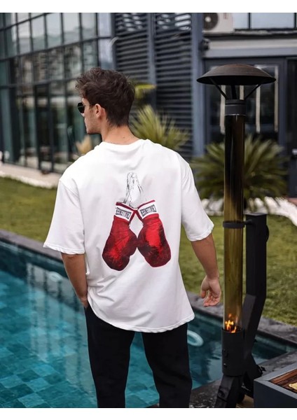 Unisex Bisiklet Yaka Baskılı Oversize T-Shirt - Beyaz modelleri