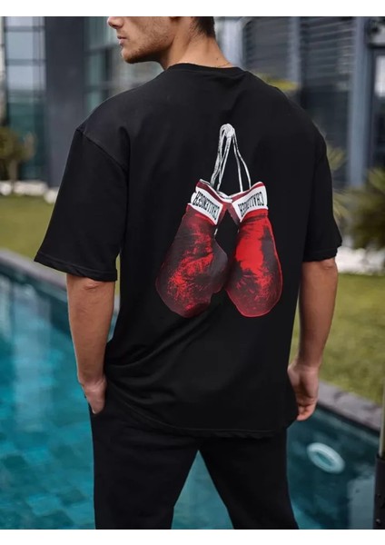 Unisex Bisiklet Yaka Baskılı Oversize T-Shirt - Siyah fiyatları