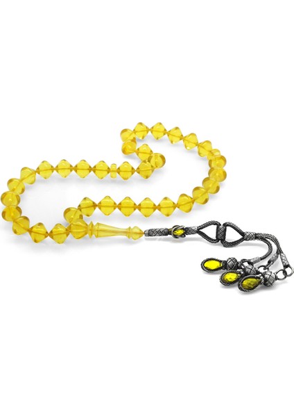 Premium Kutulu 1000 Ayar Gümüş Kazaz Püskül Istanbul Kesim Soft Sarı Büyük Boy Damla Kehribar Tesbih