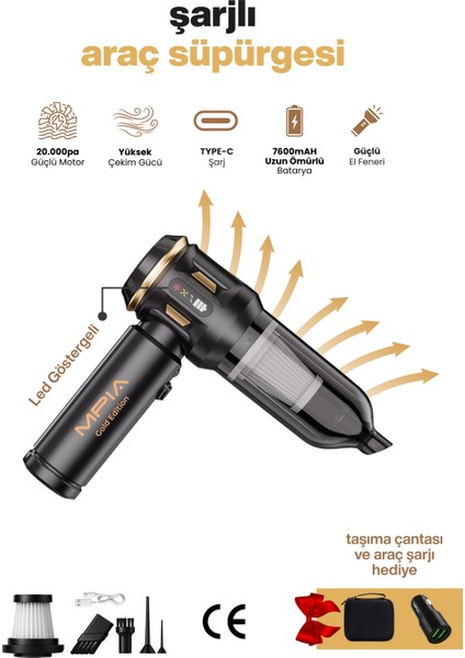 Yeni 2026 Gold 20000 Pa El Fenerli Vakumlu Araç Süpürgesi El Süpürgesi Çok Fonksiyonlu