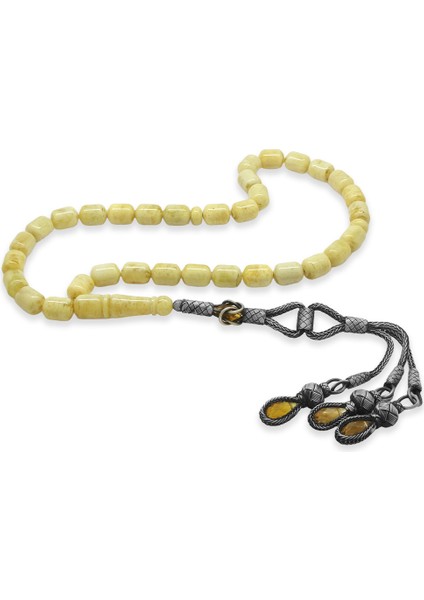 Premium Kutulu Gümüş Uzun Kazaz Püsküllü Kapsül Kesim King Seccer Sarı Beyaz Damla Kehribar Tesbih