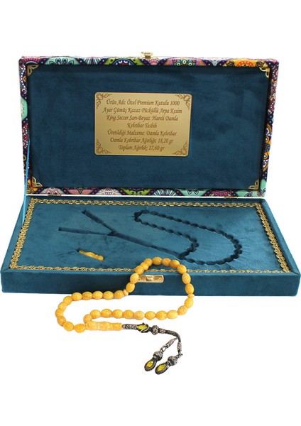 Damla Kehribar Tesbih - 1000 Ayar Gümüş Kazaz Püsküllü - Arpa Kesim - King Seccer - Premium Kutulu