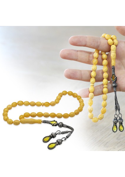 Damla Kehribar Tesbih - 1000 Ayar Gümüş Kazaz Püsküllü - Arpa Kesim - King Seccer - Premium Kutulu fırsatları