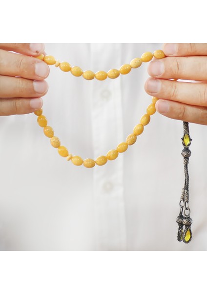 Damla Kehribar Tesbih - 1000 Ayar Gümüş Kazaz Püsküllü - Arpa Kesim - King Seccer - Premium Kutulu indirimleri