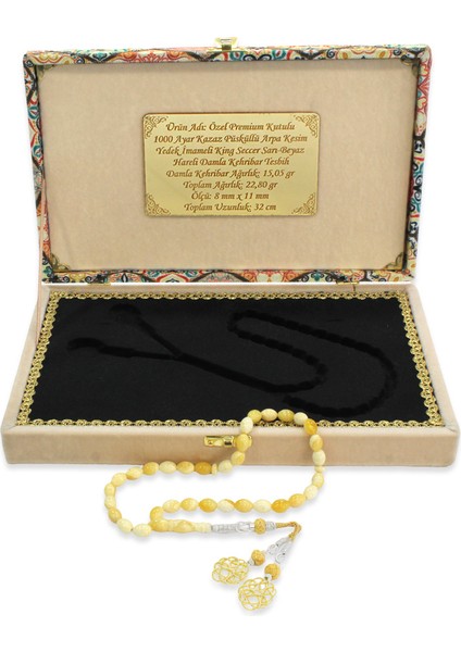 Premium Kutulu 1000 Ayar Kazaz Püskül Arpa Kesim King Seccer Sarı Beyaz Hareli Damla Kehribar Tesbih