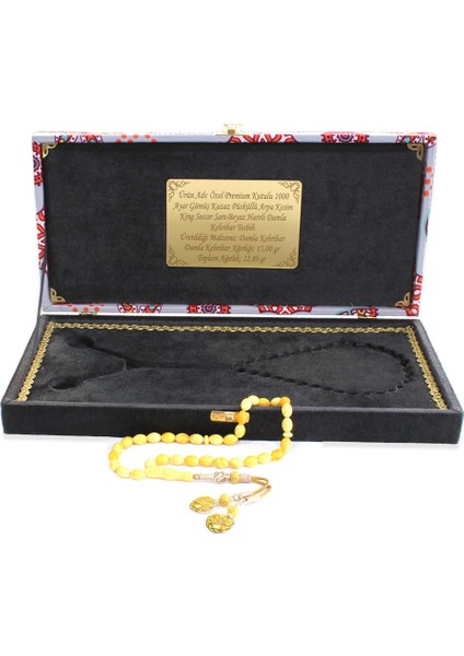 Premium Kutulu 1000 Ayar Kazaz Püskül Arpa Kesim King Seccer Sarı Beyaz Hareli Damla Kehribar Tesbih modelleri