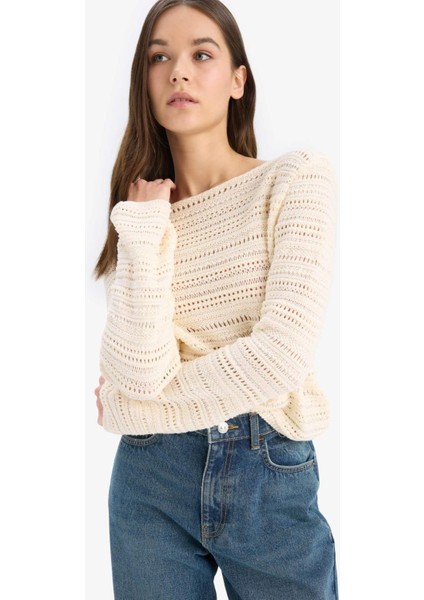 Oversize Geniş Kalıp Kayık Yaka Ajur Triko Kazak