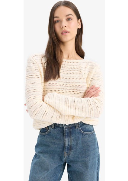 Oversize Geniş Kalıp Kayık Yaka Ajur Triko Kazak