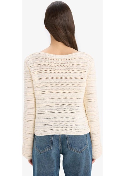 Oversize Geniş Kalıp Kayık Yaka Ajur Triko Kazak