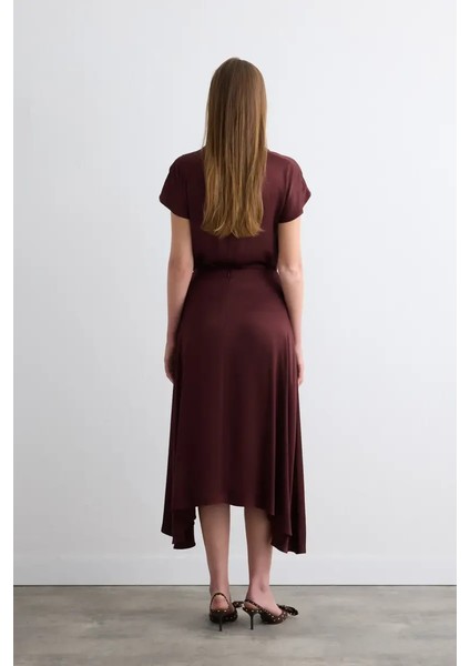 Asimetrik Kesim Saten Etek - Bordo