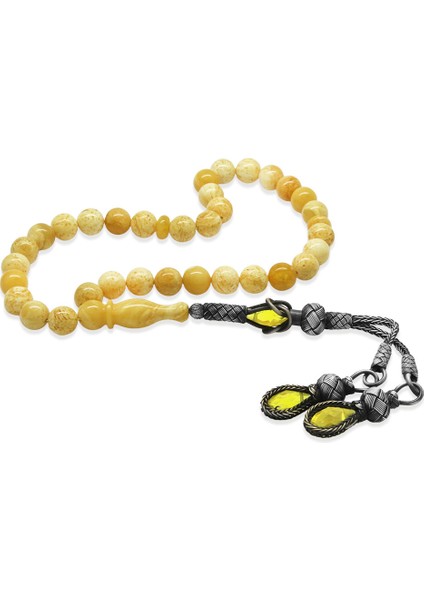 Damla Kehribar Tesbih - 1000 Ayar Gümüş Kazaz Püsküllü - King Seccer - Premium Kutulu - Küre Kesim fiyatları