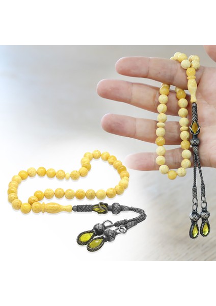 Damla Kehribar Tesbih - 1000 Ayar Gümüş Kazaz Püsküllü - King Seccer - Premium Kutulu - Küre Kesim fırsatları